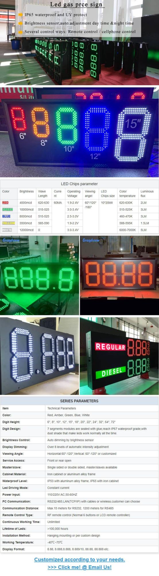Remote Control 4 Digital Number 8.888 7 Segment LED Gas Price Sign