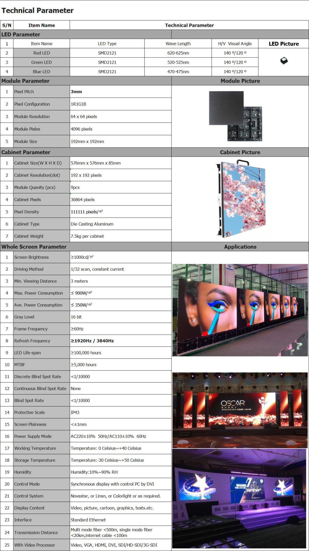 Video Panel 192*192 LED Full Color P3.0 Indoor LED Display Screen