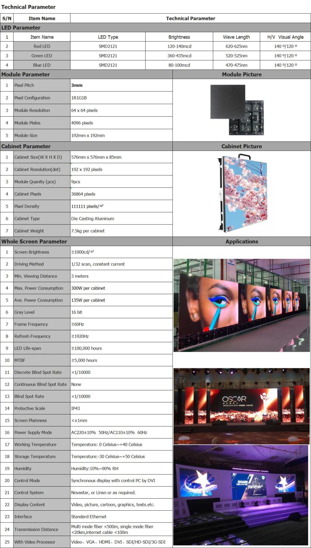 P3 Full Color Video Display Wall LED Indoor Rental Screen Factory