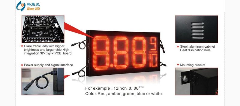 High Quality Outdoor Waterproof 12 Inch 8.88 LED Display Gas Station Price Signs