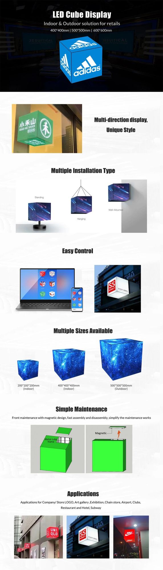 Outdoor Creative Magic Cube Cuboid Square LED Display Screen Panel Retail Store Shop Logo Advertising LED 3D Cubic Commercial Box