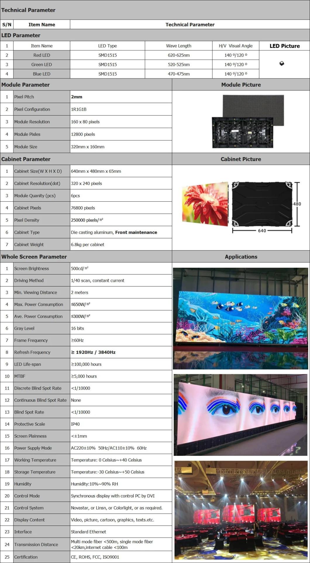 Full Color P2.0 Panel Matrix Displays Interior Stage LED Wall Screens