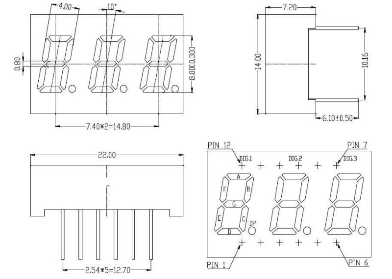 0.3 Inch 3 Digit 7 Segment LED Display with Sevn Segment and Dp